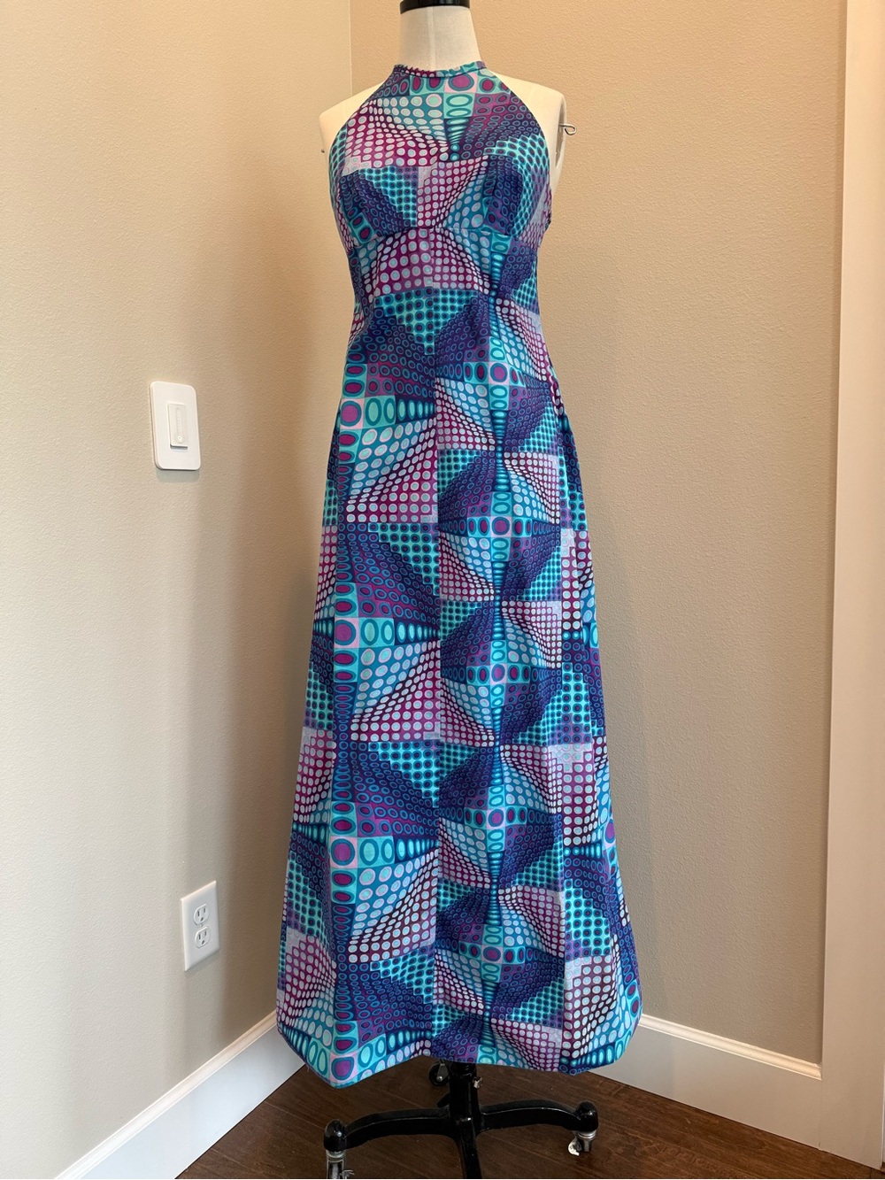 Otaheite Vintage Disco Halter Maxi Dress in Blue & Teal